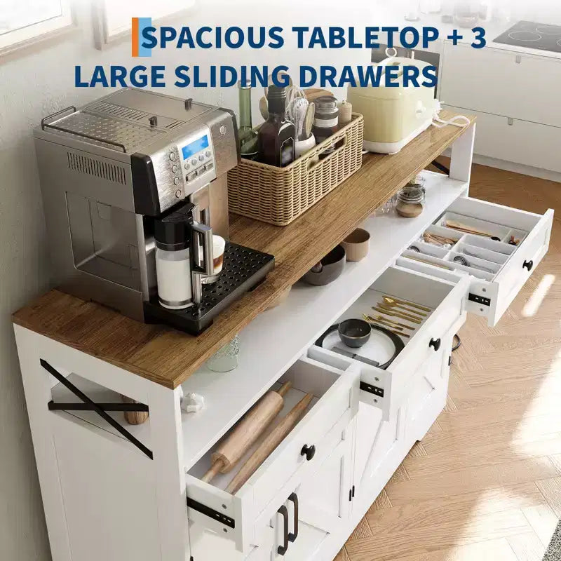51" Bauernhaus-Buffetschrank mit 4 Scheunentüren, 3 Schubladen und Stauraum für das Esszimmer
