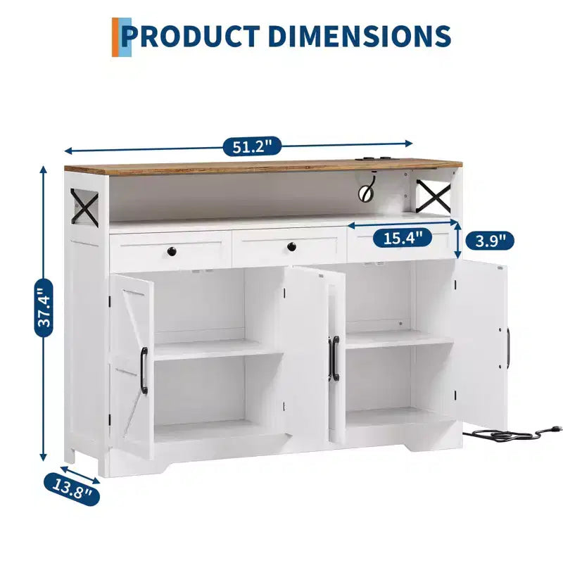 51" Bauernhaus-Buffetschrank mit 4 Scheunentüren, 3 Schubladen und Stauraum für das Esszimmer