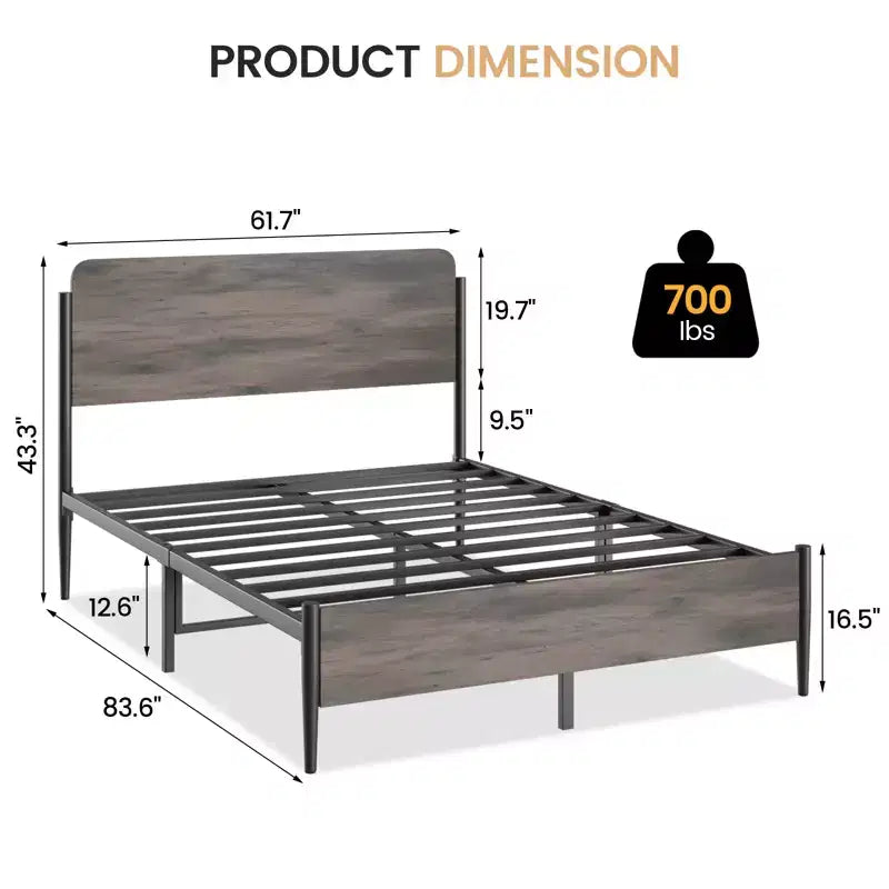 Metallbettrahmen Queen-Size, geschwungenes Holzkopfteil, Stauraum unter dem Bett, Stahl Lattenrost, kein Boxspringbett erforderlich