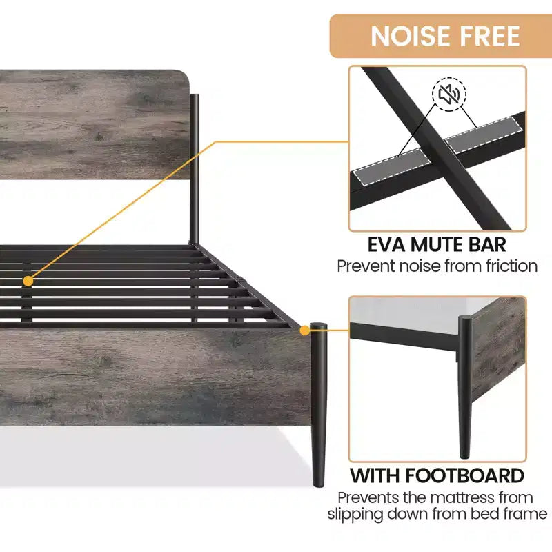 Metallbettrahmen Queen-Size, geschwungenes Holzkopfteil, Stauraum unter dem Bett, Stahl Lattenrost, kein Boxspringbett erforderlich