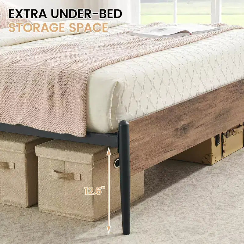 Metallbettrahmen Queen-Size, geschwungenes Holzkopfteil, Stauraum unter dem Bett, Stahl Lattenrost, kein Boxspringbett erforderlich