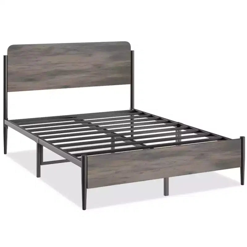 Metallbettrahmen Queen-Size, geschwungenes Holzkopfteil, Stauraum unter dem Bett, Stahl Lattenrost, kein Boxspringbett erforderlich