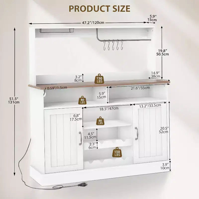 Bauernhaus-Kaffeebar-Schrank 47, MDF mit Steckdosen, Weinregal, Schwarz