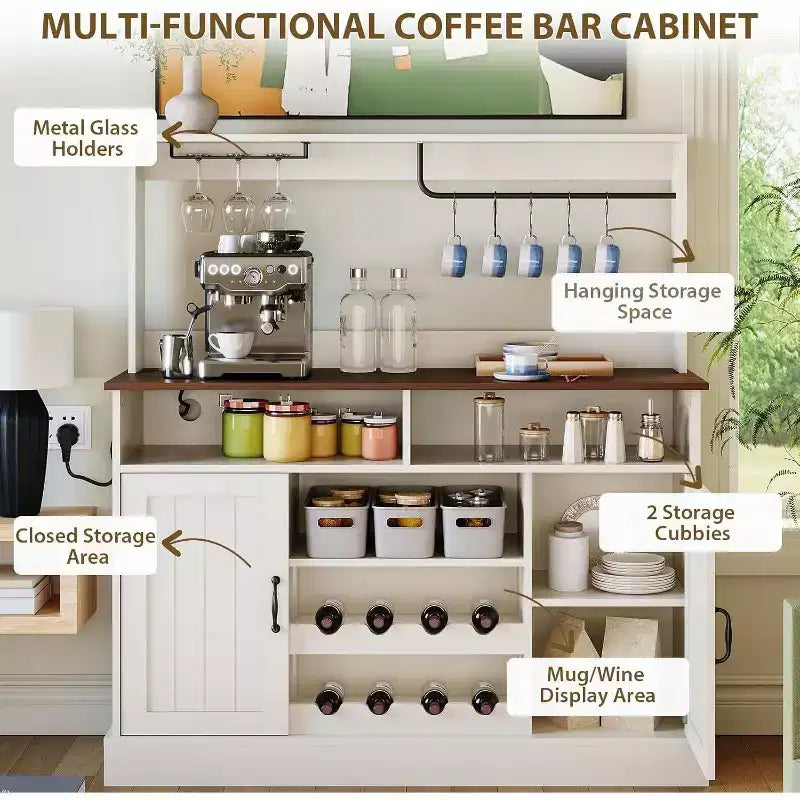 Bauernhaus-Kaffeebar-Schrank 47, MDF mit Steckdosen, Weinregal, Schwarz