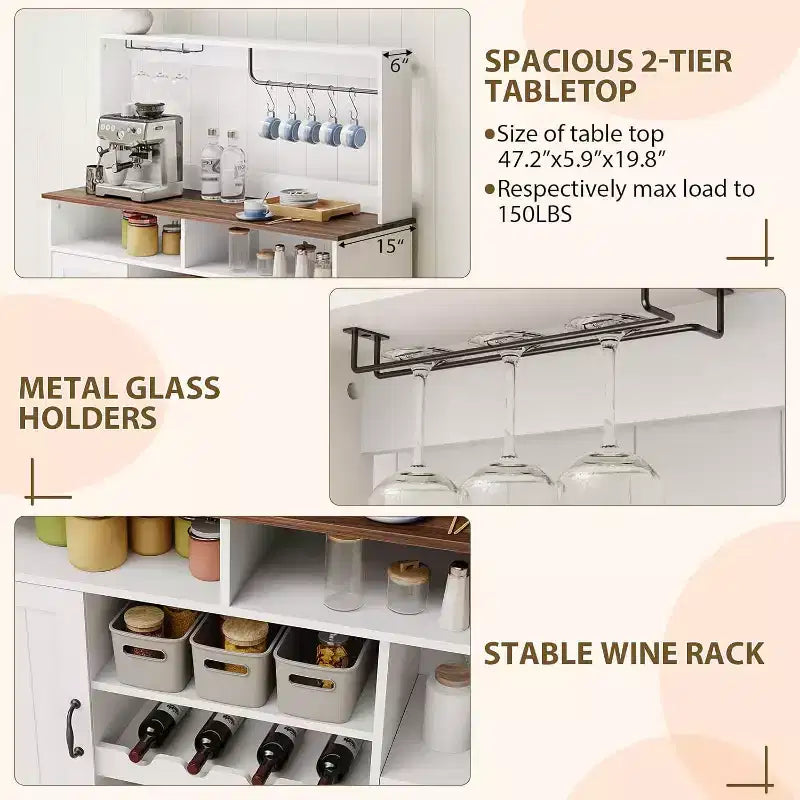 Bauernhaus-Kaffeebar-Schrank 47, MDF mit Steckdosen, Weinregal, Schwarz