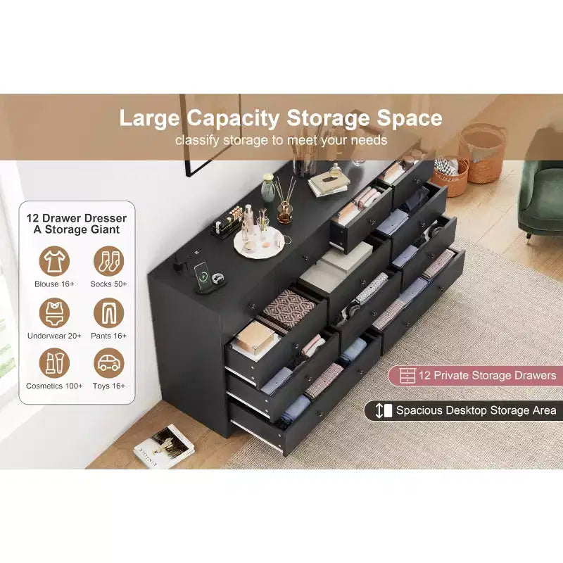12-Schubladen-Kommode für Schlafzimmer, großer TV-Schrank, Holzkommode, für Wohnzimmer, Flur