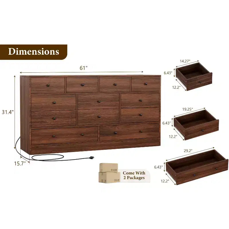 12-Schubladen-Kommode für Schlafzimmer, großer TV-Schrank, Holzkommode, für Wohnzimmer, Flur