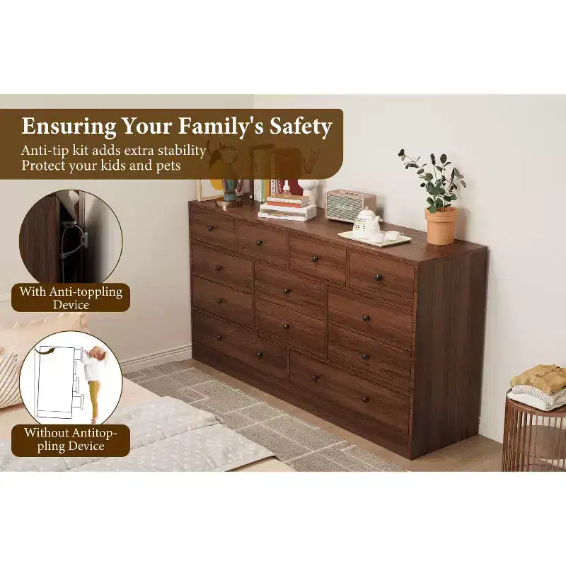 12-Schubladen-Kommode für Schlafzimmer, großer TV-Schrank, Holzkommode, für Wohnzimmer, Flur