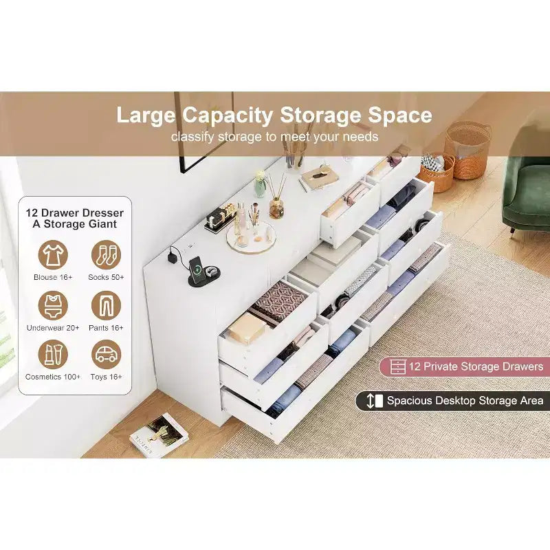 12-Schubladen-Kommode für Schlafzimmer, großer TV-Schrank, Holzkommode, für Wohnzimmer, Flur