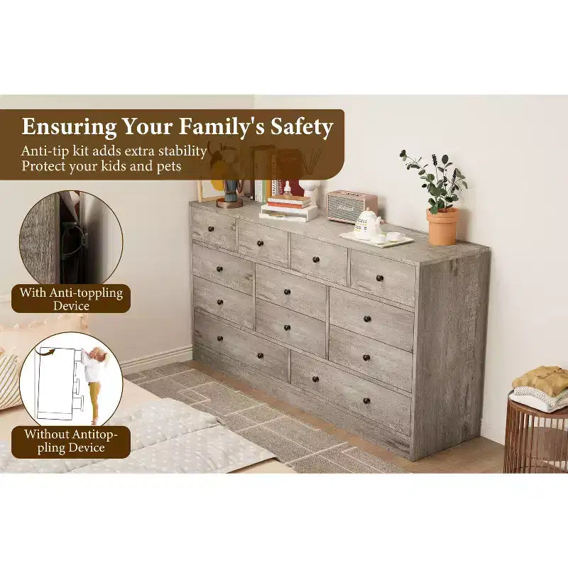 12-Schubladen-Kommode für Schlafzimmer, großer TV-Schrank, Holzkommode, für Wohnzimmer, Flur
