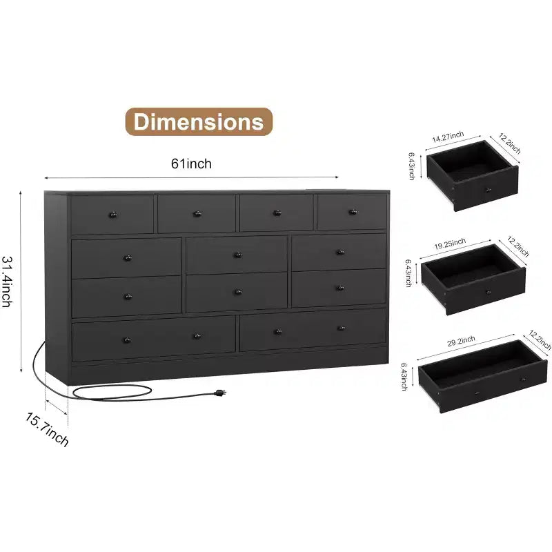 12-Schubladen-Kommode für Schlafzimmer, großer TV-Schrank, Holzkommode, für Wohnzimmer, Flur