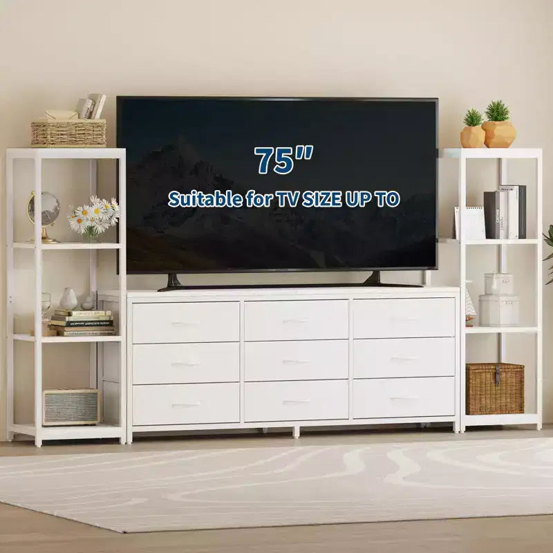 Industrieller TV-Ständer für Fernseher bis 75 Zoll, Wohnzimmer-Unterhaltungszentrale mit 9 Stoffschubladen und 2 4-stöckigen Ablageregalen, Medienkonsole für Schlafzimmer