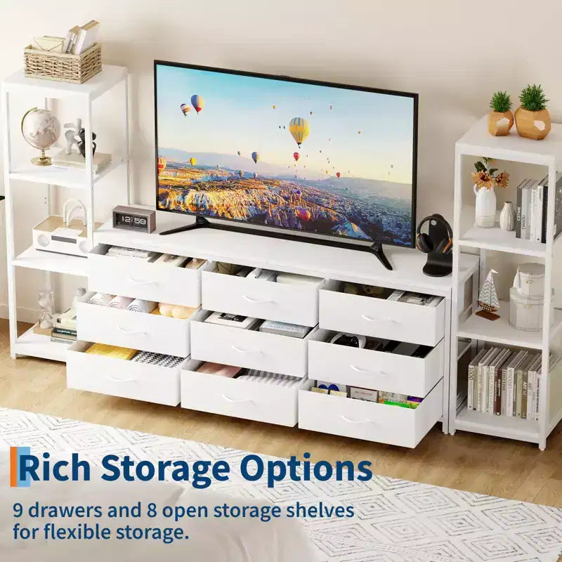 Industrieller TV-Ständer für Fernseher bis 75 Zoll, Wohnzimmer-Unterhaltungszentrale mit 9 Stoffschubladen und 2 4-stöckigen Ablageregalen, Medienkonsole für Schlafzimmer