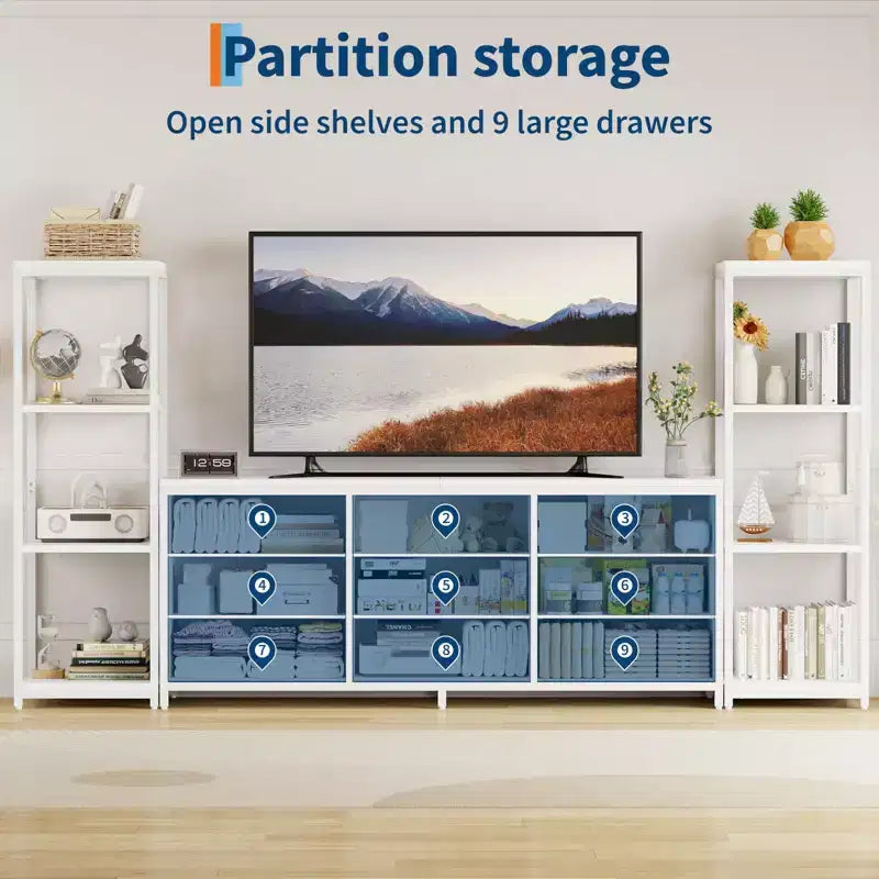 Industrieller TV-Ständer für Fernseher bis 75 Zoll, Wohnzimmer-Unterhaltungszentrale mit 9 Stoffschubladen und 2 4-stöckigen Ablageregalen, Medienkonsole für Schlafzimmer