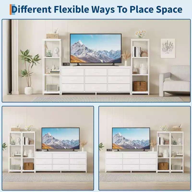 Industrieller TV-Ständer für Fernseher bis 75 Zoll, Wohnzimmer-Unterhaltungszentrale mit 9 Stoffschubladen und 2 4-stöckigen Ablageregalen, Medienkonsole für Schlafzimmer