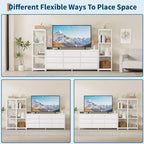 Industrieller TV-Ständer für Fernseher bis 75 Zoll, Wohnzimmer-Unterhaltungszentrale mit 9 Stoffschubladen und 2 4-stöckigen Ablageregalen, Medienkonsole für Schlafzimmer
