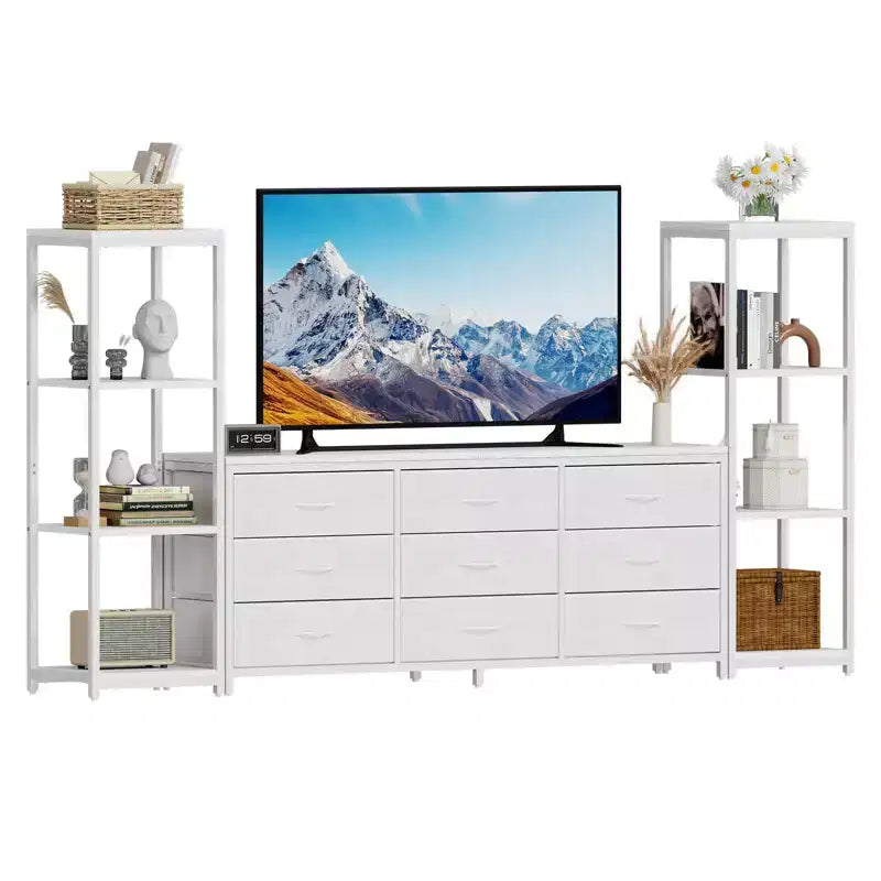 Industrieller TV-Ständer für Fernseher bis 75 Zoll, Wohnzimmer-Unterhaltungszentrale mit 9 Stoffschubladen und 2 4-stöckigen Ablageregalen, Medienkonsole für Schlafzimmer