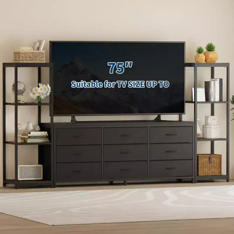 Industrieller TV-Ständer für Fernseher bis 75 Zoll, Wohnzimmer-Unterhaltungszentrale mit 9 Stoffschubladen und 2 4-stöckigen Ablageregalen, Medienkonsole für Schlafzimmer