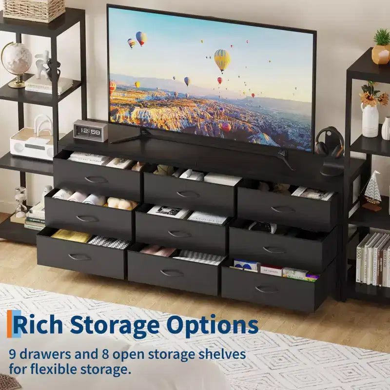 Industrieller TV-Ständer für Fernseher bis 75 Zoll, Wohnzimmer-Unterhaltungszentrale mit 9 Stoffschubladen und 2 4-stöckigen Ablageregalen, Medienkonsole für Schlafzimmer