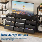 Industrieller TV-Ständer für Fernseher bis 75 Zoll, Wohnzimmer-Unterhaltungszentrale mit 9 Stoffschubladen und 2 4-stöckigen Ablageregalen, Medienkonsole für Schlafzimmer