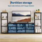 Industrieller TV-Ständer für Fernseher bis 75 Zoll, Wohnzimmer-Unterhaltungszentrale mit 9 Stoffschubladen und 2 4-stöckigen Ablageregalen, Medienkonsole für Schlafzimmer