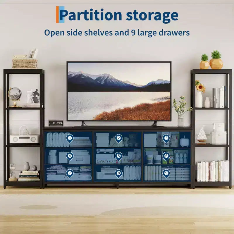 Industrieller TV-Ständer für Fernseher bis 75 Zoll, Wohnzimmer-Unterhaltungszentrale mit 9 Stoffschubladen und 2 4-stöckigen Ablageregalen, Medienkonsole für Schlafzimmer