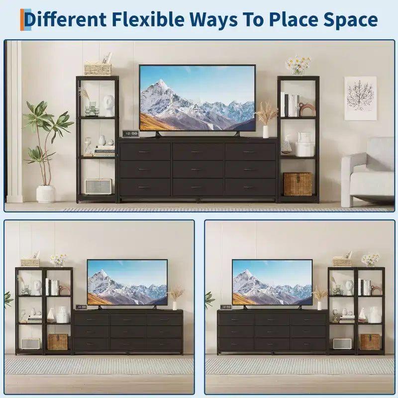 Industrieller TV-Ständer für Fernseher bis 75 Zoll, Wohnzimmer-Unterhaltungszentrale mit 9 Stoffschubladen und 2 4-stöckigen Ablageregalen, Medienkonsole für Schlafzimmer