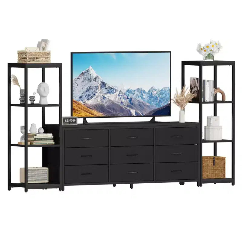 Industrieller TV-Ständer für Fernseher bis 75 Zoll, Wohnzimmer-Unterhaltungszentrale mit 9 Stoffschubladen und 2 4-stöckigen Ablageregalen, Medienkonsole für Schlafzimmer