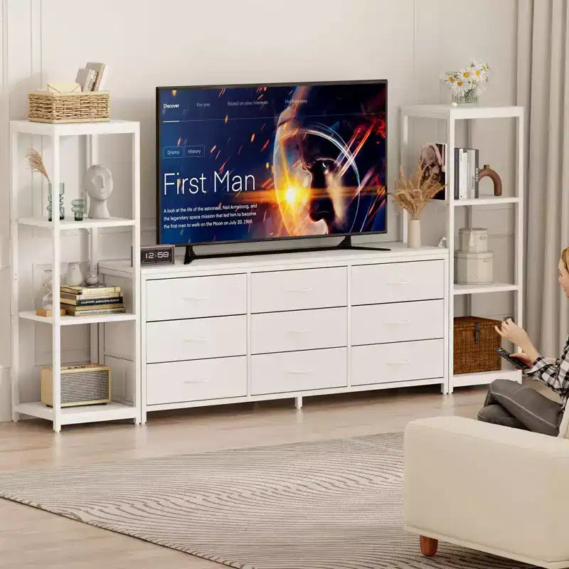 Industrieller TV-Ständer für Fernseher bis 75 Zoll, Wohnzimmer-Unterhaltungszentrale mit 9 Stoffschubladen und 2 4-stöckigen Ablageregalen, Medienkonsole für Schlafzimmer