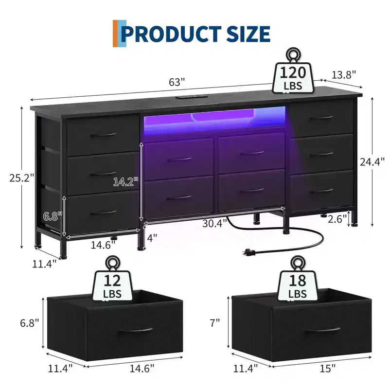 Holzkommode mit 5 Schubladen, 10 Stoffschubladen, robuste Möbel, TV-Ständer, für Wohnzimmer, Schlafzimmer