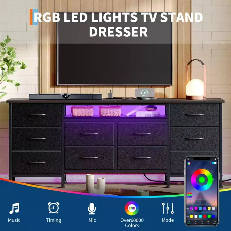 Holzkommode mit 5 Schubladen, 10 Stoffschubladen, robuste Möbel, TV-Ständer, für Wohnzimmer, Schlafzimmer