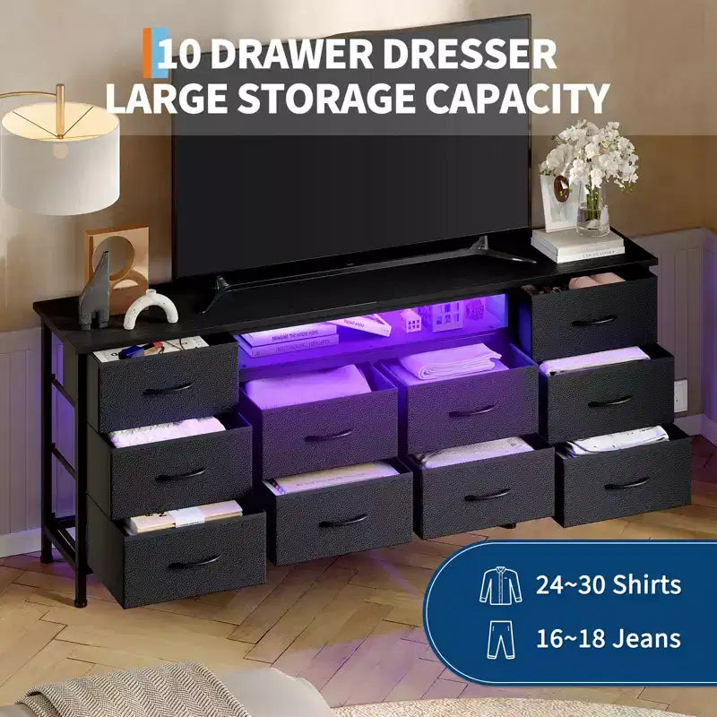 Holzkommode mit 5 Schubladen, 10 Stoffschubladen, robuste Möbel, TV-Ständer, für Wohnzimmer, Schlafzimmer