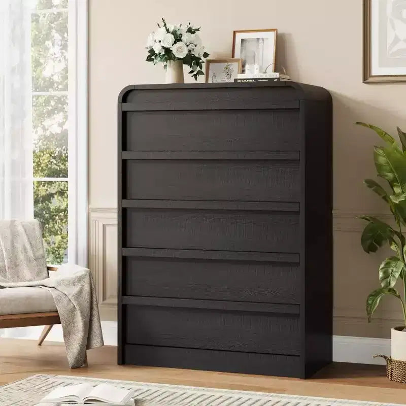 Moderner geschwungener Kommodenschrank mit 5 Schubladen, geschwungenes Kantendesign, freistehendes Sideboard, für Esszimmer, Schlafzimmer, Wohnzimmer