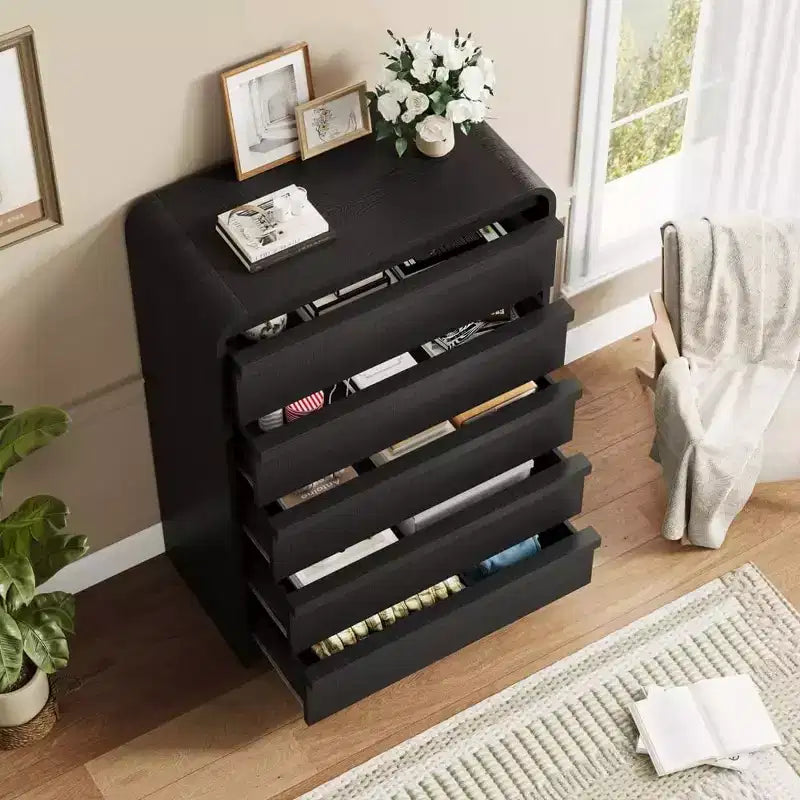 Moderner geschwungener Kommodenschrank mit 5 Schubladen, geschwungenes Kantendesign, freistehendes Sideboard, für Esszimmer, Schlafzimmer, Wohnzimmer