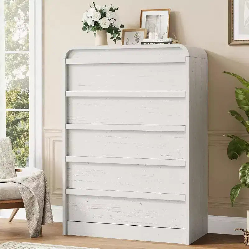 Moderner geschwungener Kommodenschrank mit 5 Schubladen, geschwungenes Kantendesign, freistehendes Sideboard, für Esszimmer, Schlafzimmer, Wohnzimmer
