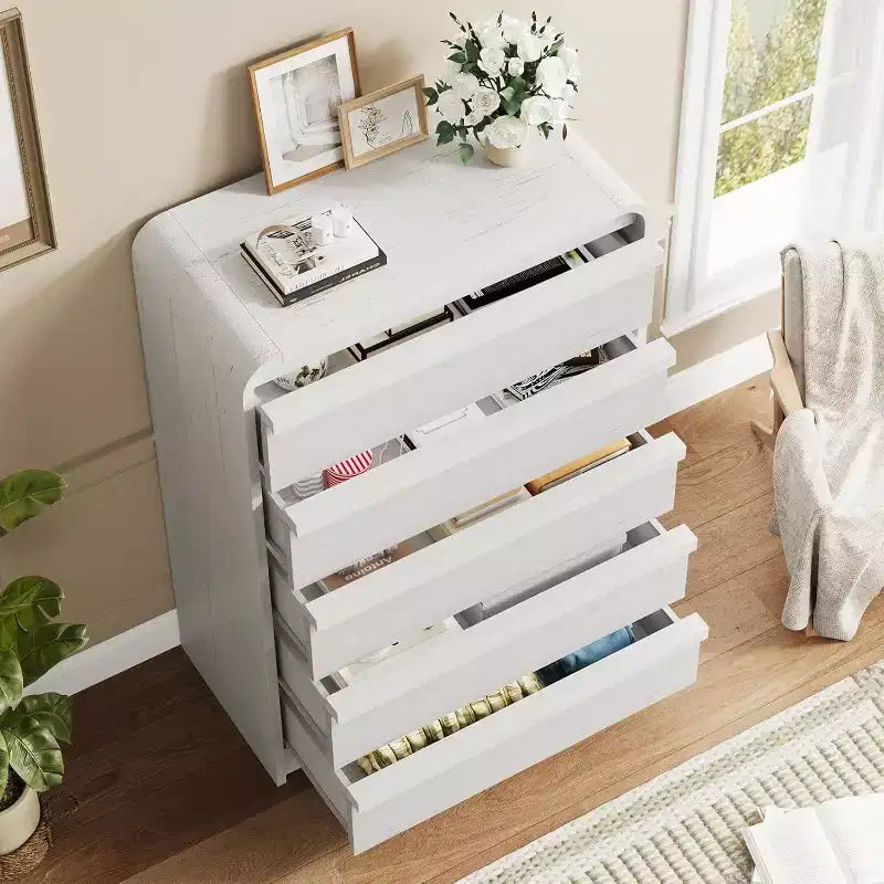 Moderner geschwungener Kommodenschrank mit 5 Schubladen, geschwungenes Kantendesign, freistehendes Sideboard, für Esszimmer, Schlafzimmer, Wohnzimmer