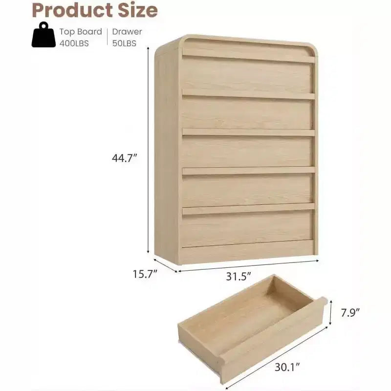 Moderner geschwungener Kommodenschrank mit 5 Schubladen, geschwungenes Kantendesign, freistehendes Sideboard, für Esszimmer, Schlafzimmer, Wohnzimmer