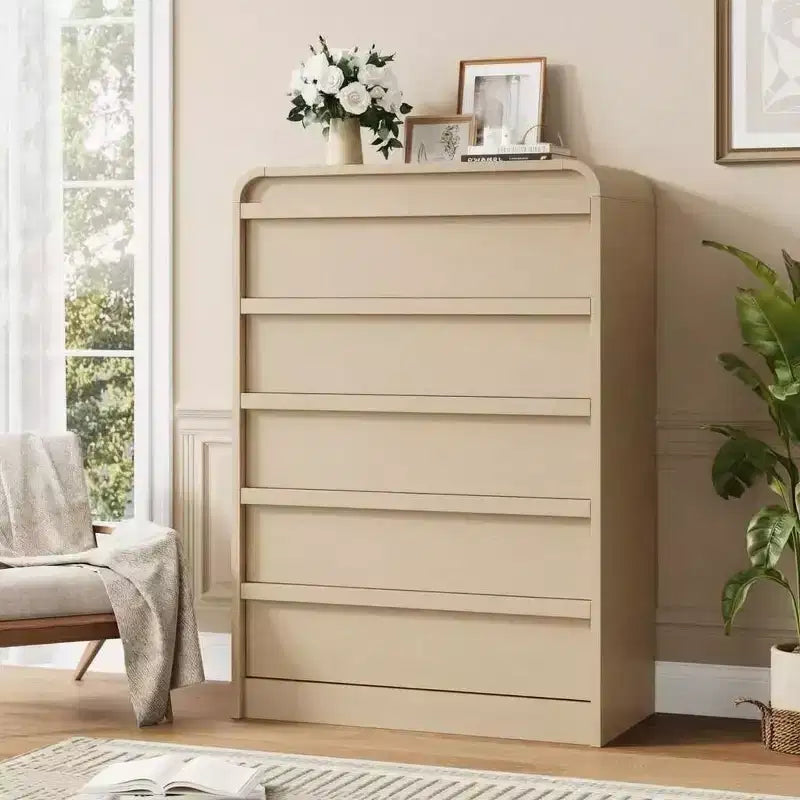 Moderner geschwungener Kommodenschrank mit 5 Schubladen, geschwungenes Kantendesign, freistehendes Sideboard, für Esszimmer, Schlafzimmer, Wohnzimmer