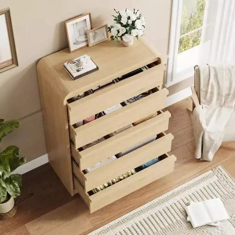 Moderner geschwungener Kommodenschrank mit 5 Schubladen, geschwungenes Kantendesign, freistehendes Sideboard, für Esszimmer, Schlafzimmer, Wohnzimmer