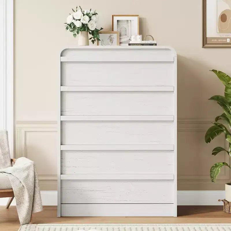 Moderner geschwungener Kommodenschrank mit 5 Schubladen, geschwungenes Kantendesign, freistehendes Sideboard, für Esszimmer, Schlafzimmer, Wohnzimmer