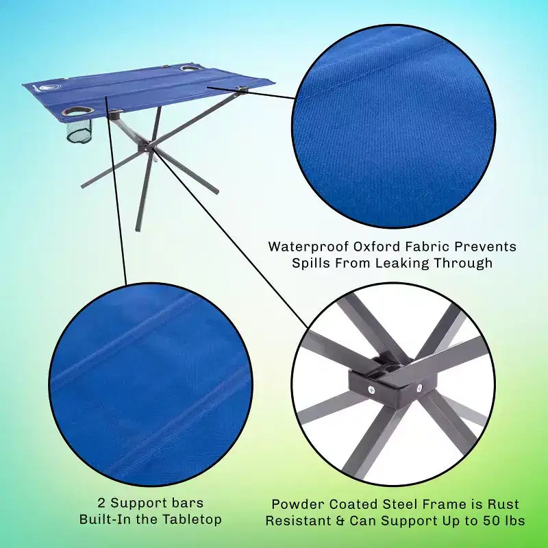 Faltbarer Outdoor-Campingtisch mit 2 Getränkehaltern und Tragetasche, blau, leicht tragbar