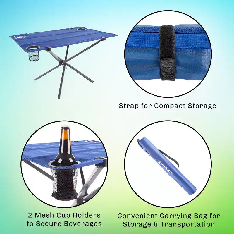 Faltbarer Outdoor-Campingtisch mit 2 Getränkehaltern und Tragetasche, blau, leicht tragbar