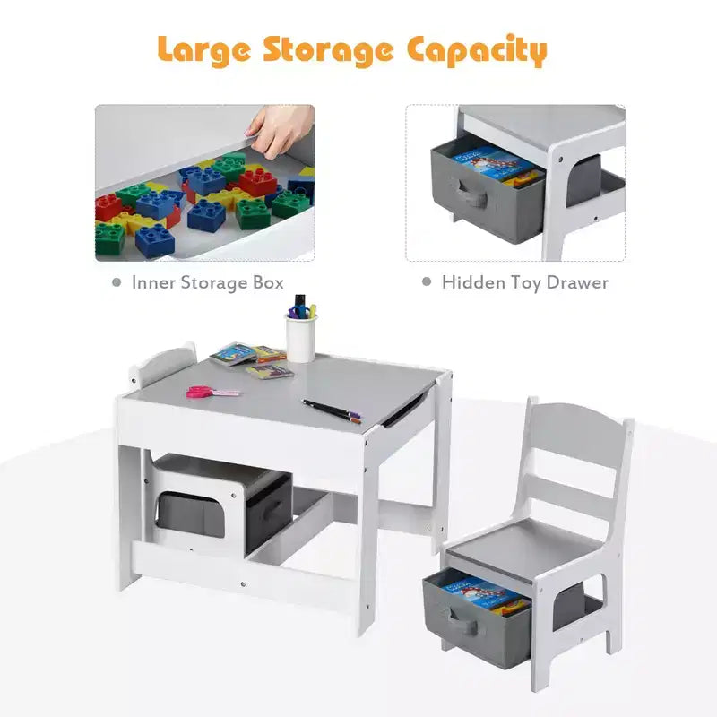 Kindertisch- & Stuhlset mit Aufbewahrungsboxen, Kreidetafel & Whiteboard, Grau & Natur