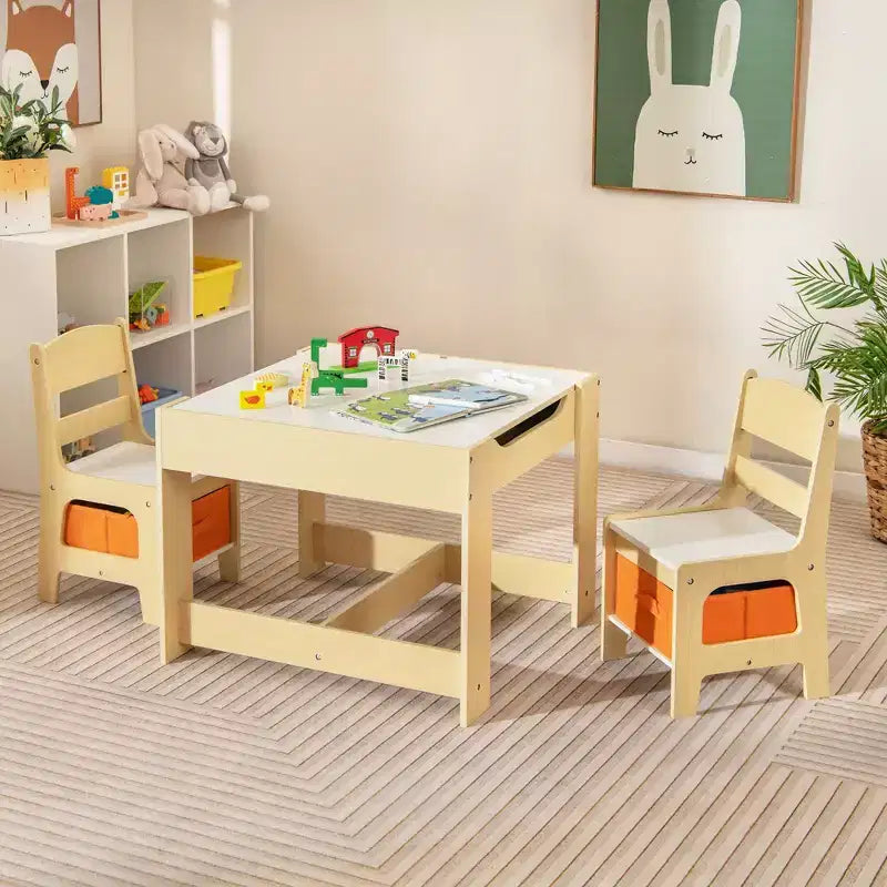 Kindertisch- & Stuhlset mit Aufbewahrungsboxen, Kreidetafel & Whiteboard, Grau & Natur