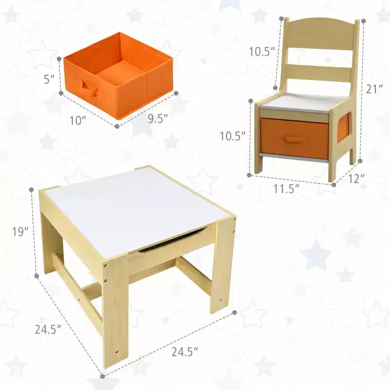 Kindertisch- & Stuhlset mit Aufbewahrungsboxen, Kreidetafel & Whiteboard, Grau & Natur