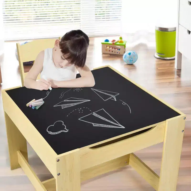 Kindertisch- & Stuhlset mit Aufbewahrungsboxen, Kreidetafel & Whiteboard, Grau & Natur