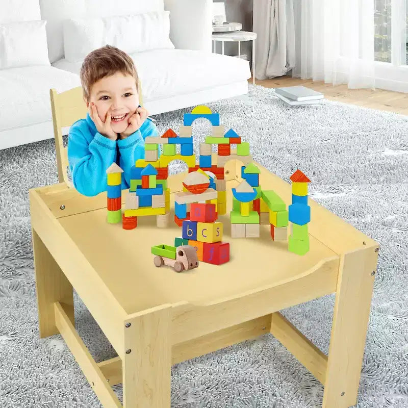 Kindertisch- & Stuhlset mit Aufbewahrungsboxen, Kreidetafel & Whiteboard, Grau & Natur