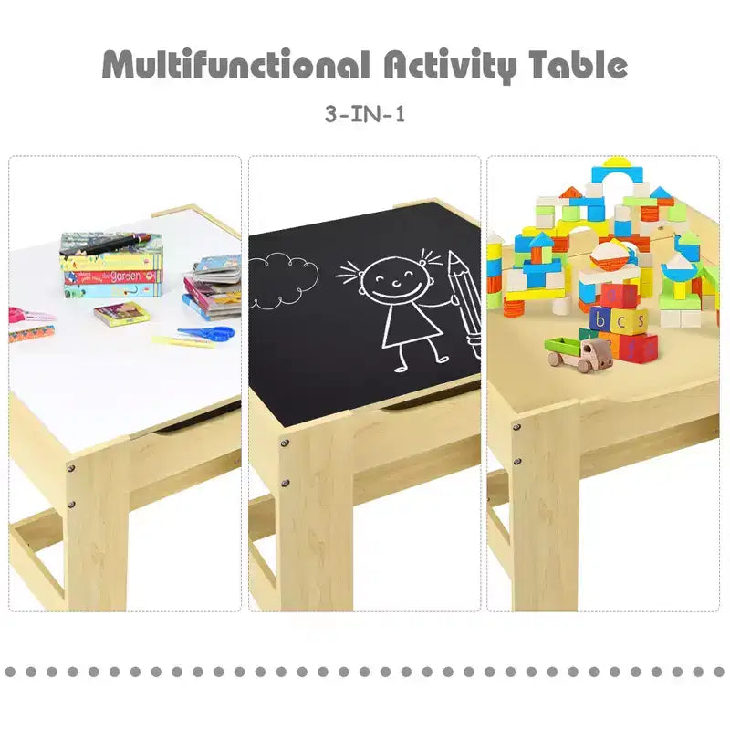 Kindertisch- & Stuhlset mit Aufbewahrungsboxen, Kreidetafel & Whiteboard, Grau & Natur