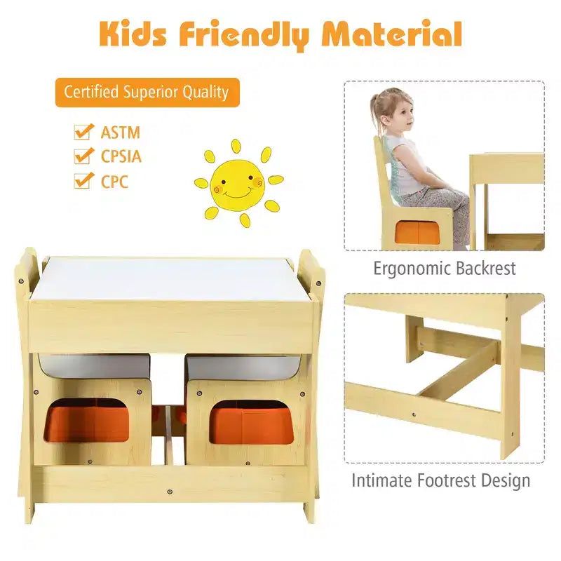 Kindertisch- & Stuhlset mit Aufbewahrungsboxen, Kreidetafel & Whiteboard, Grau & Natur