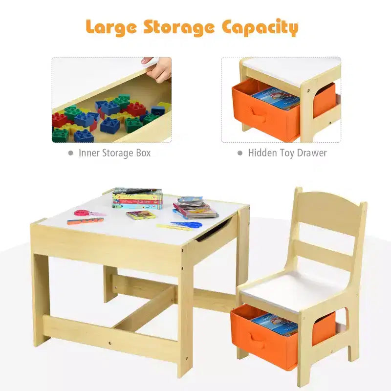 Kindertisch- & Stuhlset mit Aufbewahrungsboxen, Kreidetafel & Whiteboard, Grau & Natur